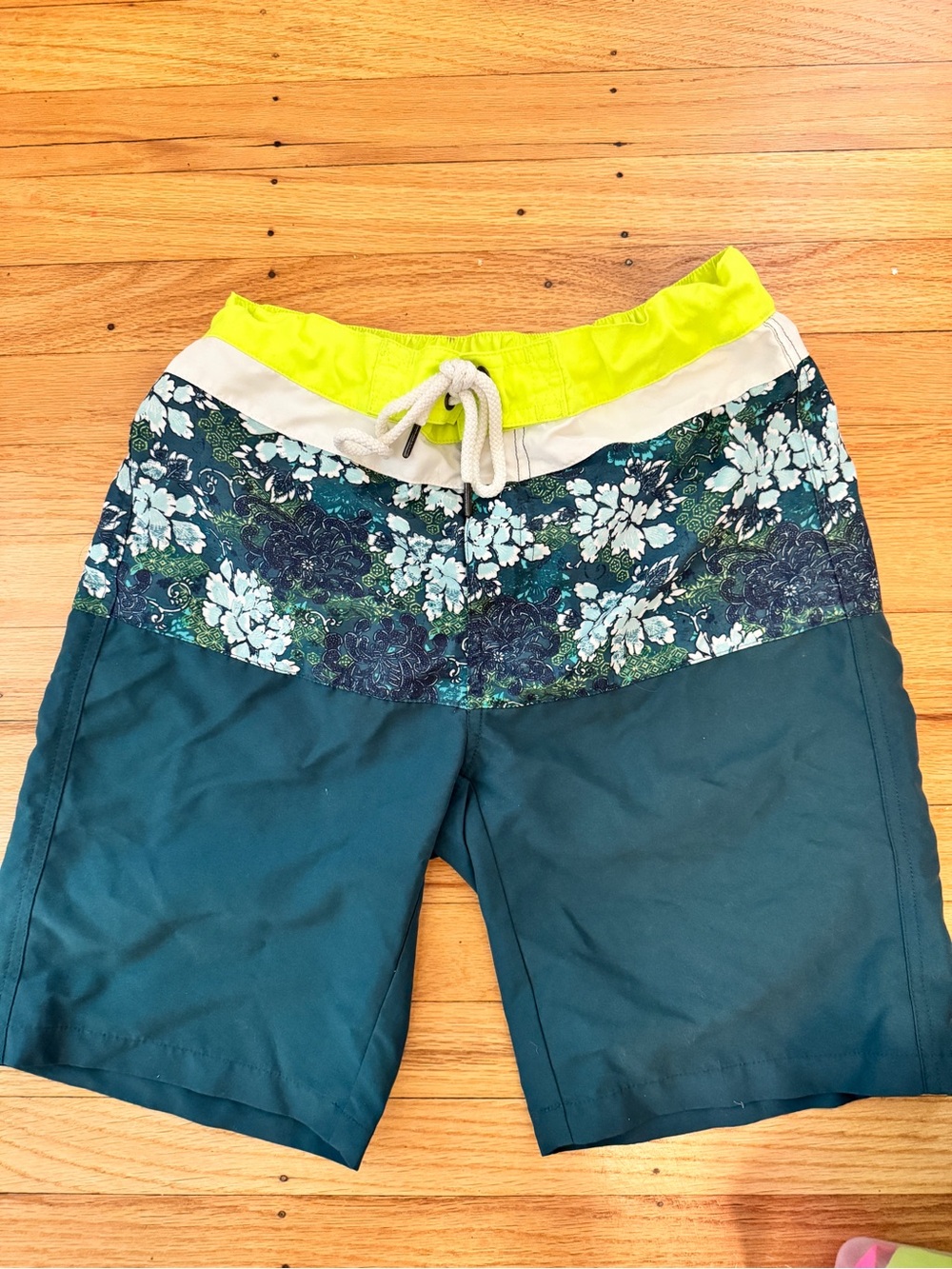 Men's Teal Floral Panel Athletic Shorts with Lime Waistband